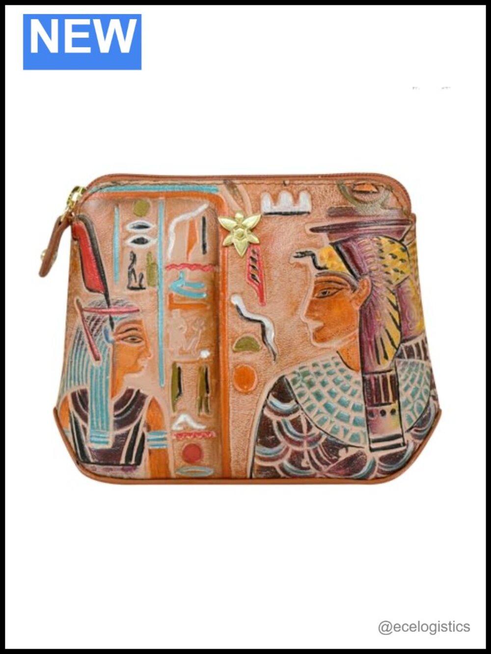 Hand-Painted Leather Zip Pouch - Tooled Ancient Egypt Coin & Cash Wallet